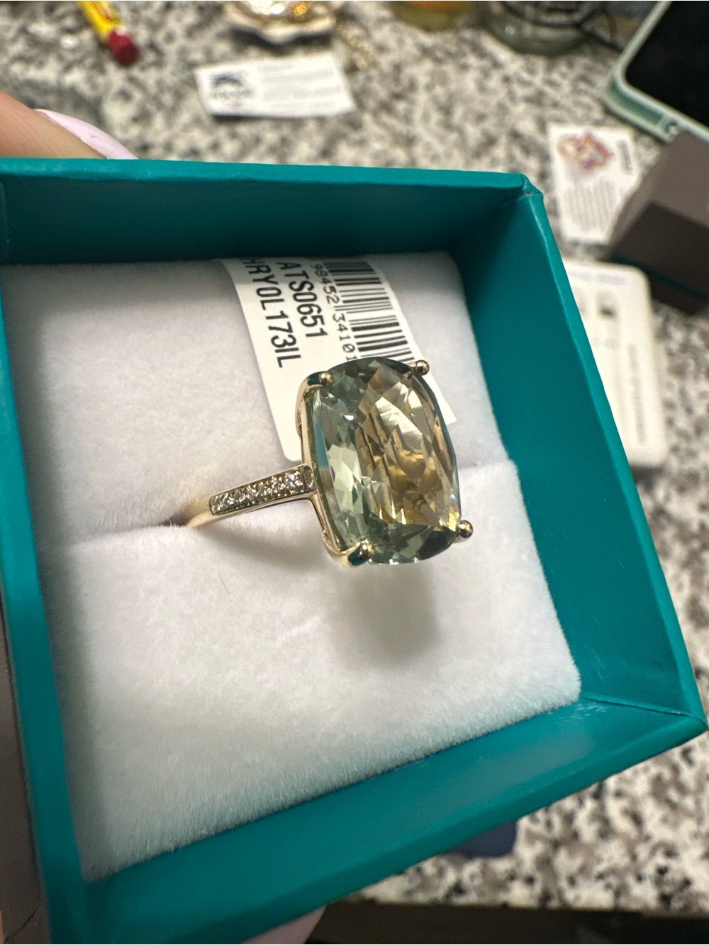 Effy Gold Ring with Pale Green Cushion Gem and Pavé Band